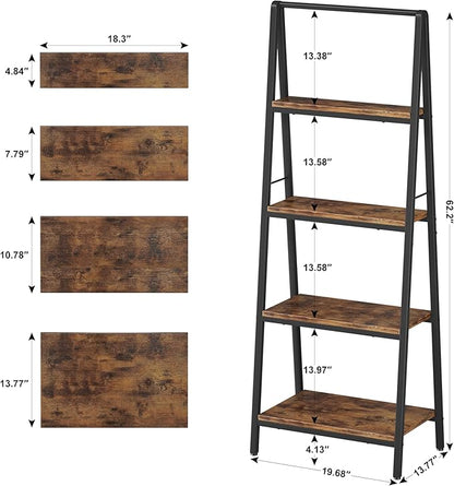 Homeiju 4-Tier Leaning Ladder Bookshelf, Rustic and Wood Ladder Shelf Bookcase, Industrial Ladder Shelf Storage Rack for Home Office, Bedroom, Bathroom or Kitchen