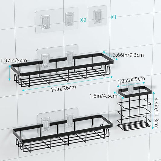 Shower Caddy Organizer with Hooks,Self Adhesive Bathroom Shelves,Shower Shelves,No Drilling Bathroom Organizers and Storage,Perfect for RV, Apartment, Home Decor,3 Pack Black