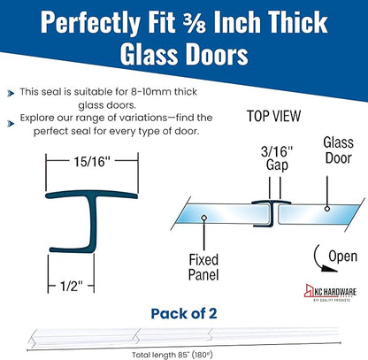 Frameless Shower Door Side Seal Strip H-Type 180 Degree 85 inches Length, Clear (2, 3/8 inches Glass)