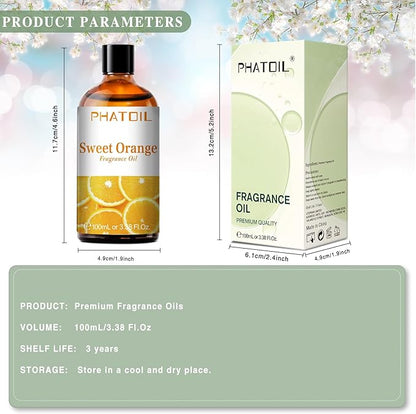 PHATOIL 100ML Sweet Orange Fragrance Oils for Aromatherapy, Diffuser Oils for Home, Perfect for Humidifier, Yoga, DIY Candle and Soap Making - 3.38FL.OZ