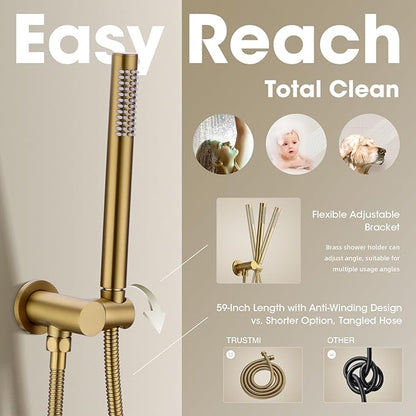 TRUSTMI Push Button Shower System, Brushed Brass Gold 10 Inch Rainfall Shower Set, Pressure Balanced Rough-In Valve and Trim Kit, Wall Mount