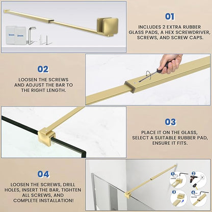 Shower Door Glass Support Bar, 26.96" to 48.54" Adjustable Stainless Steel Wall-to-Glass Shower Stabilizer Rod for 1/4", 5/16", 3/8", Brushed Gold