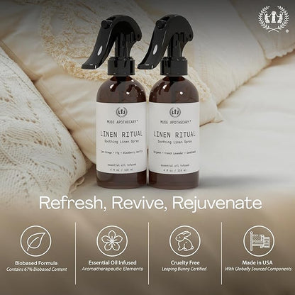 Muse Apothecary Linen Ritual - Aromatic, Soothing, and Relaxing Linen Mist, Laundry and Fabric Spray - Infused with Aromatherapy Essential Oils - 8 oz, Tonka Bean + Amber + Warm Cedarwood,