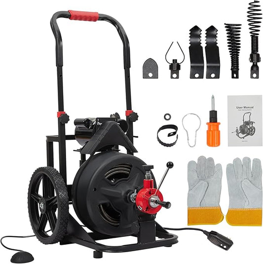 Heavy Duty Electric Drain Cleaner Machine, 100 Ft x 1/2 Inch Sewer Snake, 370w Auto-Feed, 6 Interchangeable Cutters, Gloves, Portable Pipe Cleaning Tool for 2-4 Inch Pipes