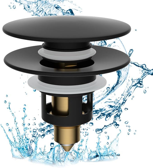 Hibbent All Metal 2 in 1 Bathroom Sink Stopper, Universal Pop Up Drain Strainer, Brass Bullet Core Push Type Sink Stopper for 1.1''~2.3'' Basin, Big Push Button, Anti Clogging Filter, Matte Black
