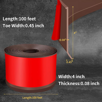 Flexible Baseboard Molding Trim 4 Inch Self-Adhesive Vinyl Wall Base Peel and Stick Cove Base Rubber Wall Baseboard Moulding Trim (100Ft, Brown)