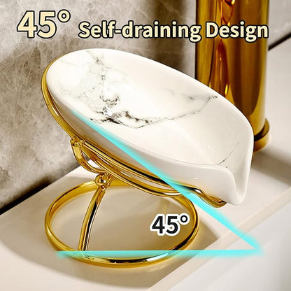 Leaf-Shaped Soap Dish – Ceramic Soap Bar Holder with Self-Drainage System – Bar Soap Holder for Shower, Bathroom Sink, Kitchen – Soap Dish with Stainless Steel Stand (White-Gold-2 Pack)