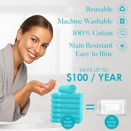 DAN RIVER 12-Pack Premium 100% Cotton Aqua Face Towels – Reusable Face Towel Set, Absorbent & Soft Wash Cloths for Bathroom & Body – Hand and Face Towels, 550 GSM (12x12 in)