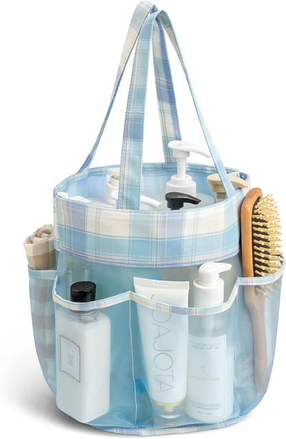 Mesh Shower Caddy Portable, Bathroom Caddy Organizer for College Dorm Essentials, Hanging Shower Tote Bag with 7 Pockets for Beach, Swimming, Gym camping Blue Checkered