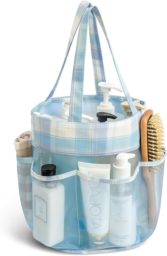 Mesh Shower Caddy Portable, Bathroom Caddy Organizer for College Dorm Essentials, Hanging Shower Tote Bag with 7 Pockets for Beach, Swimming, Gym camping Blue Checkered
