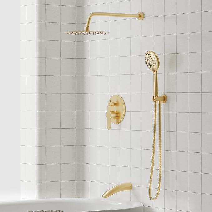 Gabrylly Shower System with Tub Spout, Bathtub Shower Faucet Set with 12" Rain Shower head and 5-Setting Handheld Shower, Wall Mounted Shower Fixtures with Pressure Balance Shower Valve, Brushed Gold