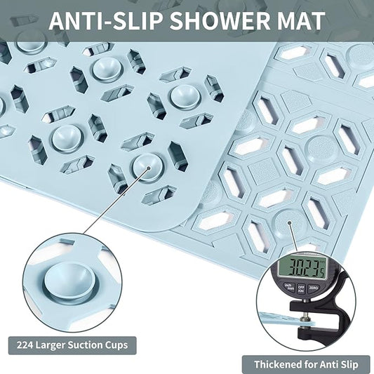 OTHWAY Square Shower Mat, 27"x 27" Extra Large Shower Mats for Inside Shower, TPE Anti Slip Shower mat with Suction Cups Drain Holes, Machine Washable Shower Floor Mat (Light Blue)