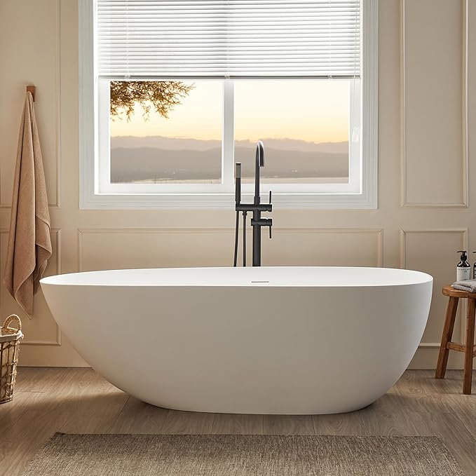 Cpingao 63" Stone Resin Freestanding Bathtub, Oval Solid Surface Contemporary Soaking Tub, Matte White Flatbottom Tubs with Overflow and Pop-up Drain, cUPC Certified 8848-1600
