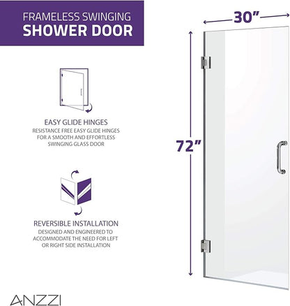 ANZZI 72" x 30" Frameless Shower Door in Matte Black,Water Repellent Glass Shower Door with Seal Strip Parts and Handle, 3/8 Glass Hinged Shower Door with Handle (SD-AZ09-02MB)
