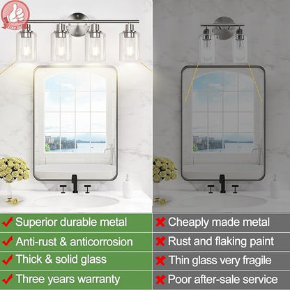 4-Light Bathroom Light Fixtures, Brushed Nickel Modern Vanity Lights Over Mirror with Clear Glass Shade, Bathroom Wall Lamp for Mirror Kitchen Living Room Hallway Cabinet Porch Bedroom Reading room