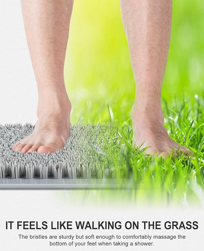 OTHWAY Non Slip Grassy Bathtub Mat : 25.6X13.4 inches Sturdy But Soft Bath Mat_Quick Drain Shower Floor Mat with Soft Bristles for Scrubbing Feet (Light Grey)