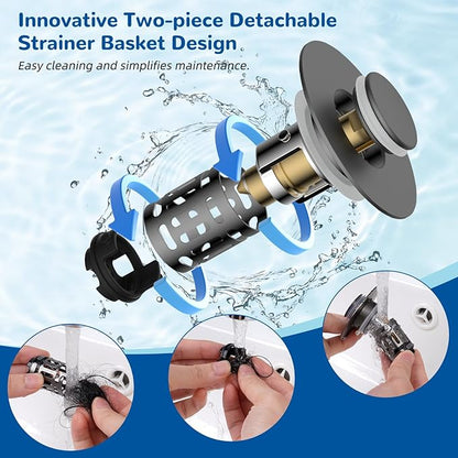 Hibbent Upgraded 3 in 1 Bathroom Sink Drain Strainer, Universal Pop Up Stopper with Removable Stainless Steel Filter Basket Hair Catcher, Sink Plug for 1.1''~2.36'' Basin, Brass Bullet Core, Grey