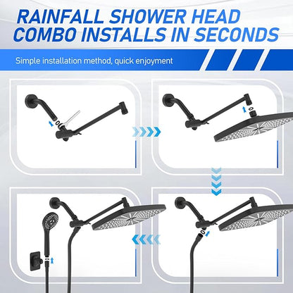 Wide Rain Shower Head With 5 Modes Handheld Showerheads, High Pressure Showerhead Combo with Extension Arm for Bathroom Accessories, Adjustable Shower Head with Anti-Clog Nozzles (Black)