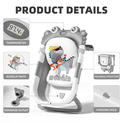 Collapsible Baby Bathtub for Newborns to Toddler with Real-time Temp Monitor & Floating Cushion,Portable Travel Tub for 0-36 Month, Foldable Baby Bath Tub for Infants Boy (Grey)