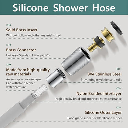 Silicone Shower Hose Extra Long,Explosion Proof Anti Winding Showerhead Hose,Used In Showerheads Spray Bidet Bathing Toilet Cleaning Flexible RV Shower Hoses Replacement (Silver, 59 In)