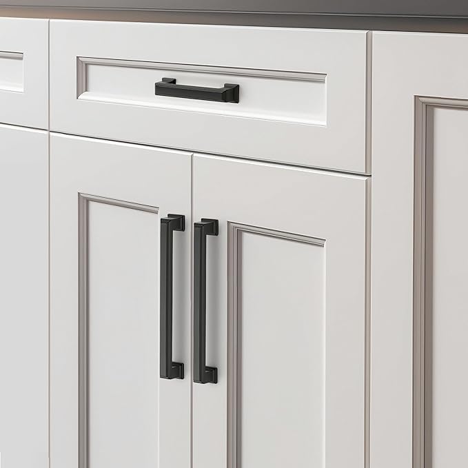 Ravinte Hardware 10 Pack Matte Black Cabinet Pulls, 6-1/4 Inch (160mm) Hole Center Zinc Alloy Drawer Handles for Kitchen Cabinets, Cupboards, Dressers, Square Solid Metal Hardware