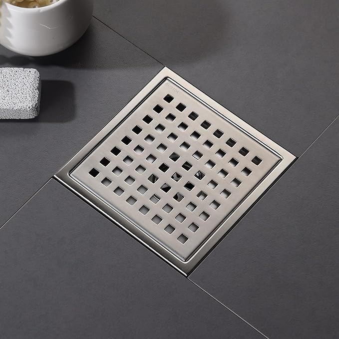 6 Inch Shower Drain Brushed Nickel Square with Adjustable Shower Drain Base Flange SUS304 Stainless Steel Floor Drain Cover Removable Mesh Grille