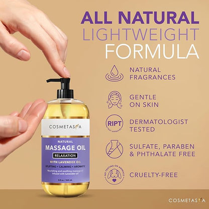 Cosmetasa Lavender Massage Oil for Massage Therapy - All Natural, Cruelty-Free & Spa Quality Skin Therapy Oil, Calming & Soothing Care - Lavender, Geranium & Grapeseed Oil (16.9 oz)