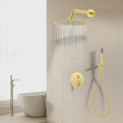 12 Inch Brushed Gold Shower System - High Pressure Rain Shower Head, Handheld Showerhead, and Wall Mounted Faucet Set