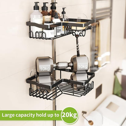 Corner Shower Caddy with Soap Holder, 2 Pack Stainless Steel Corner Shower Organizer with 11 Hooks, No Drilling & 6 Strong Adhesives Corner Shower Shelf Bathroom Organizer for Shower Room, Black