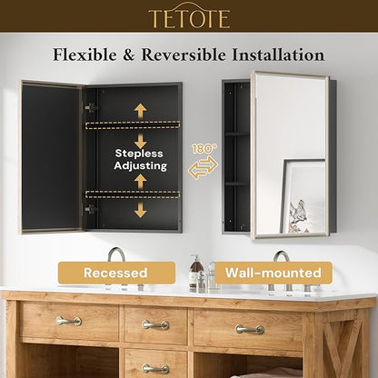 TETOTE 48" x 30" Brushed Nickel Medicine Cabinet Mirror with Storage Shelves Aluminum Alloy Frame with Beveled Edges Recessed or Wall-Mounted Rectangle Medicine Cabinet with Mirror