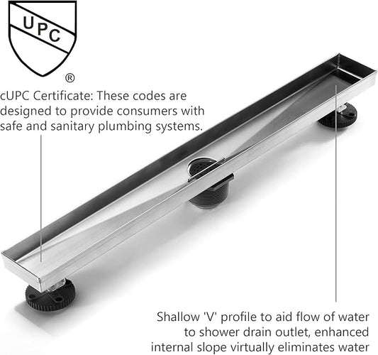 HEATGENE Linear Shower Drain 24-Inch, Stainless Steel Rectangle Shower Floor Drain with 2-in-1 Flat & Tile Insert Cover, Shower Drain with Leveling Feet & Hair Strainer, Brushed