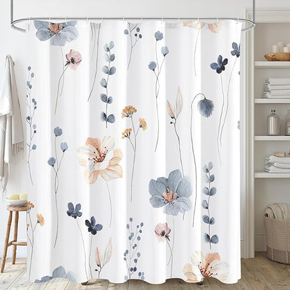 Gibelle Extra Long Shower Curtain 72 x 84, Watercolor Floral Fabric Shower Curtain, Blue Beige Flower Decorative Bathroom Shower Curtain Set