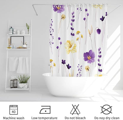 Gibelle Small Stall Shower Curtain 36 x 72, Narrow Half Watercolor Floral Fabric Shower Curtain, Purple Yellow Flower Decorative Bathroom Shower Curtain Set