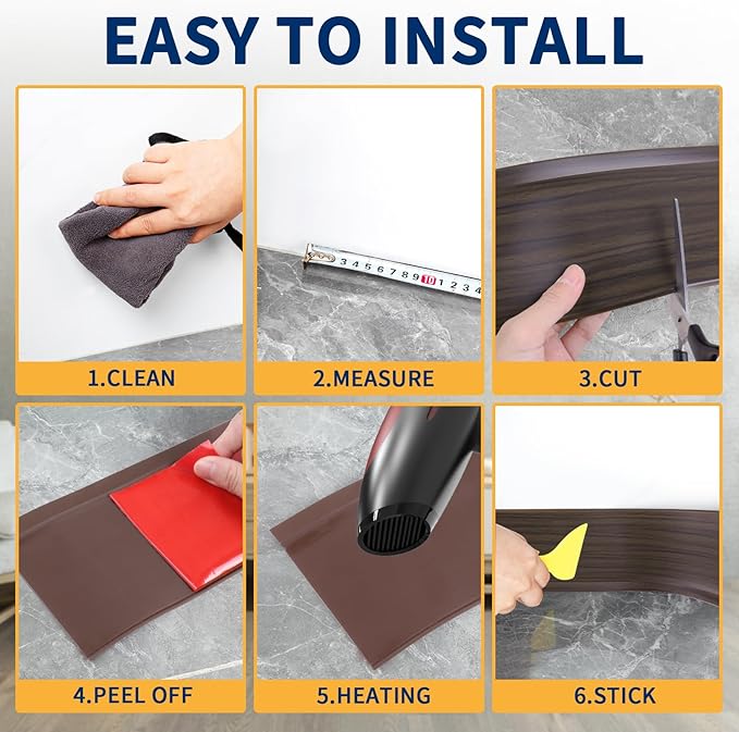 Flexible Baseboard Molding Trim 4 Inch Self-Adhesive Vinyl Wall Base Peel and Stick Cove Base Rubber Wall Baseboard Moulding Trim (20Ft, Brown Oak)