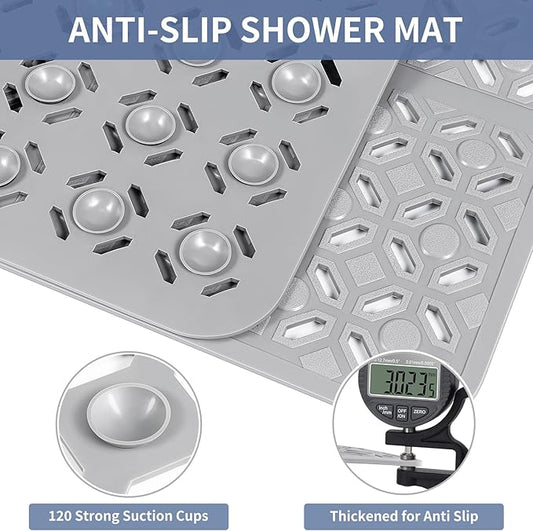 OTHWAY Square Shower Mat, 27"x 27" Extra Large Shower Mats for Inside Shower, TPE Anti Slip Shower mat with Suction Cups Drain Holes, Machine Washable Shower Floor Mat (Light Grey)