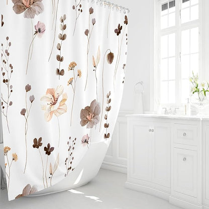 Gibelle Watercolor Floral Shower Curtain, Brown Beige Flower Shower Curtain for Bathroom, Modern Minimalist Waterproof Fabric Shower Curtain Set 72x72 Inch