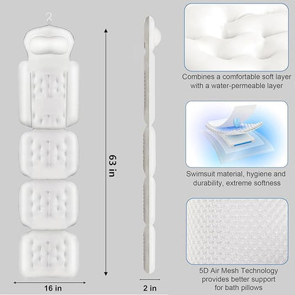 Luxury Full Body Bath Pillow for Bathtub, Bath Pillows for Tub with Mesh Laundry Bag, Cushion for Bathtub Headrest Neck Back Support - 5D Air Mesh & Quick Drying | White 63" x 16"