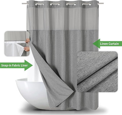No Hooks Needed Linen Textured Shower Curtain with Snap-in Fabric Liner Set,Hotel Luxury Decor Shower Curtains for Bathroom with See Through Top Window,Waterproof & Washable,71Wx74H,Gray