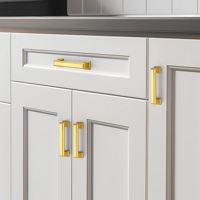 Ravinte Hardware 10 Pack Brushed Brass Cabinet Pulls, 3 Inch (76mm) Hole Center Zinc Alloy Drawer Handles for Kitchen Cabinets, Cupboards, Dressers, Square Solid Metal Hardware
