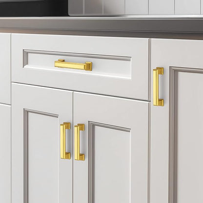 Ravinte Hardware 10 Pack Brushed Brass Cabinet Pulls, 3 Inch (76mm) Hole Center Zinc Alloy Drawer Handles for Kitchen Cabinets, Cupboards, Dressers, Square Solid Metal Hardware