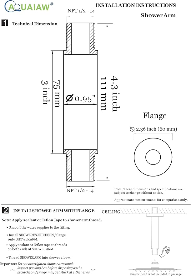 Aquaiaw Shower Arm and O-Ring Flange, 3 inch, Solid Brass, Round, Both Soldered 1/2 NPT Tapered Threads, Straight Shower Arm Extension, Ceiling Shower Head Arm for Rainfall Shower (Matte Brushed Gold)