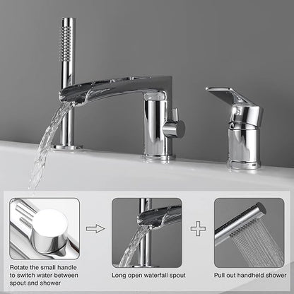 TapLong Waterfall Roman Tub Faucet with Hand Shower, Widespread Deck Mount Bathtub Faucet with Sprayer, Single-Handle 3-Holes Bathtub Shower Faucet Set in Chrome, 03119CH