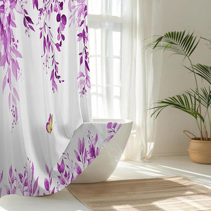 No Hook Shower Curtain and Liner Set, Purple Eucalyptus Floral Shower Curtains for Bathroom, Bath Curtain Sets with Snap in Liner, Waterproof with See Through Top Window, 71x84 Inches