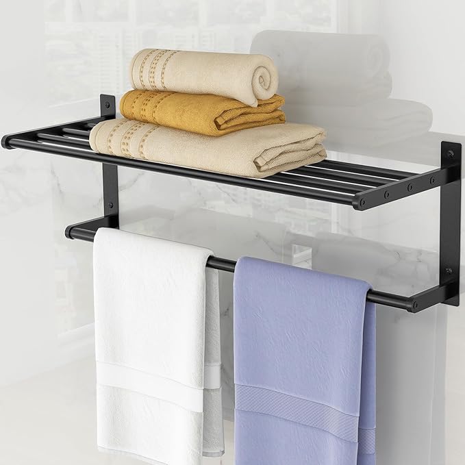 24 Inch Towel Racks for Bathroom, 2 Tire Bathroom Shelf with Towel Bar, Rustproof Wall Mounted Towel Rack SUS304 Stainless Steel, Bathroom Accessories Lavatory Towel Storage - Black