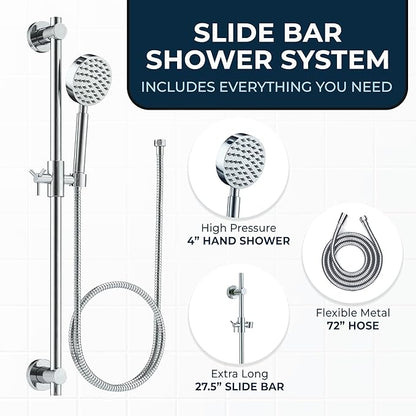 HammerHead Showers® Solid Metal 27.5 Inch Shower Slide Bar Set and Handheld Shower Head with Hose — CHROME — 2.5 GPM High Pressure Spray Wand — Easily Adjust Height & Angle of Handshower