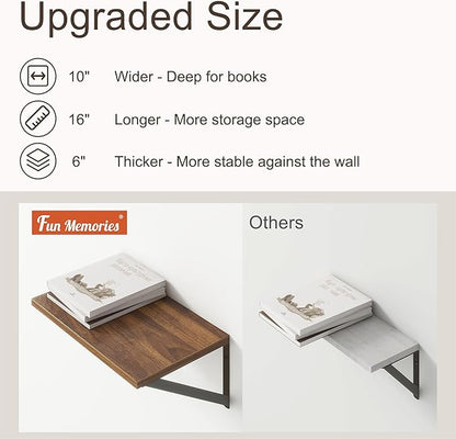 Fun Memories 10 Inch Deep Floating Shelves, Walnut Floating Shelf 16 Inch Long, 16" W x 10" D Wall Shelves Set of 2, Deep Shelves for Books, Wide Floating Shelves for Bahtoom, Living Room, Kitchen