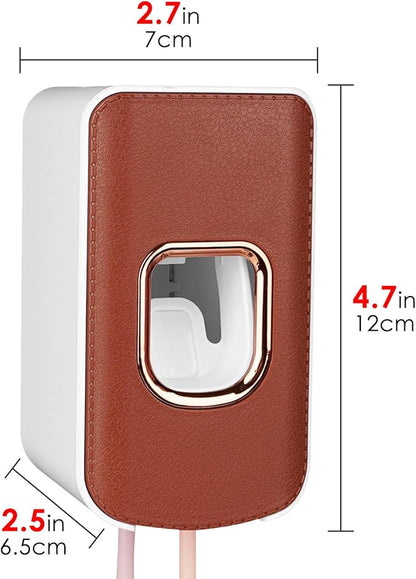 2 Slot Plastic Toothbrush Holder and Toothpaste Dispenser Wall Mounted, Automatic Toothpaste Squeezer, 2 in 1 Tooth Brush Toothpaste Organizer for Shower (Brown)