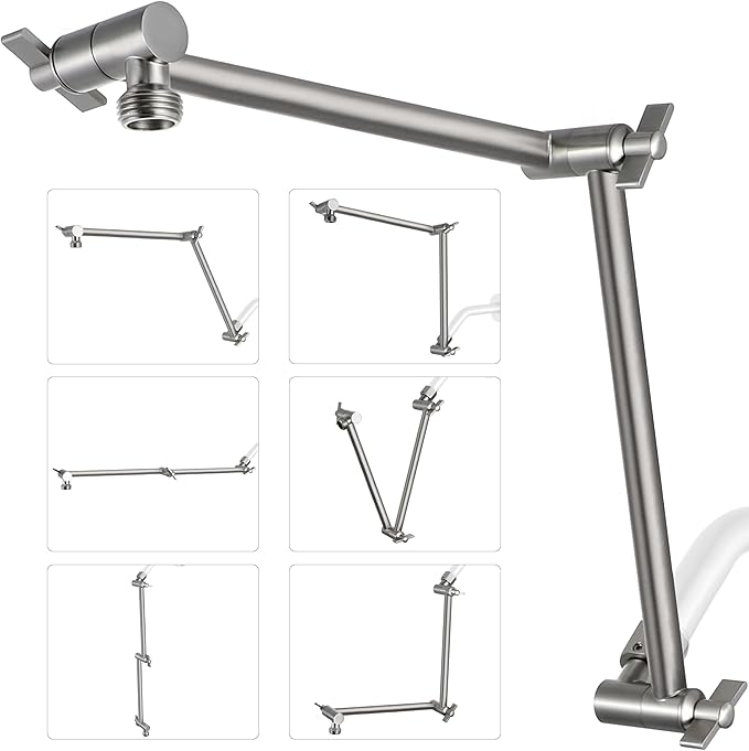 G-Promise 18 Inch Shower Head Extension Arm, Solid Brass Height & Angle Adjustable Extender, Rise or Lower Rainfall and Fixed Shower Head (Brushed Nickel)
