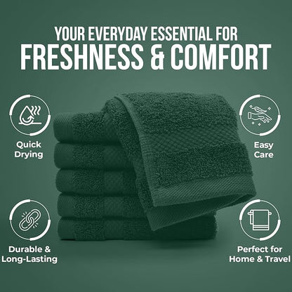DAN RIVER 12-Pack Premium 100% Cotton Huntergreen Face Towels – Reusable Face Towel Set, Soft & Absorbent Cleaning Rags for Bathroom & Body – Hand and Face Towels, 550 GSM (12x12 in)