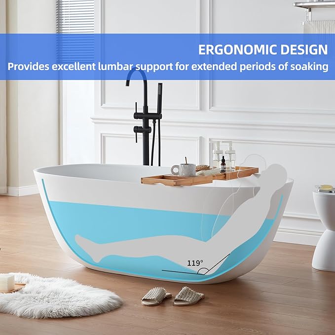 Cpingao 59" Solid Surface Freestanding Bathtub, Stone Resin Soaking Tubs, Stand Alone Tub with Pop-up Drain and Overflow, Matte White 8823A-1500